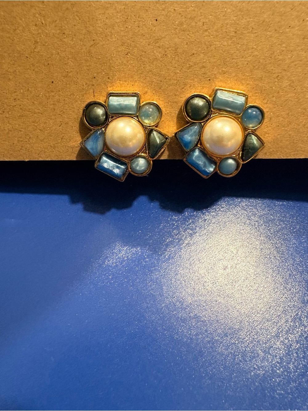 Vintage Blue & Pearl Cluster Stud Earrings - Women Jewelry